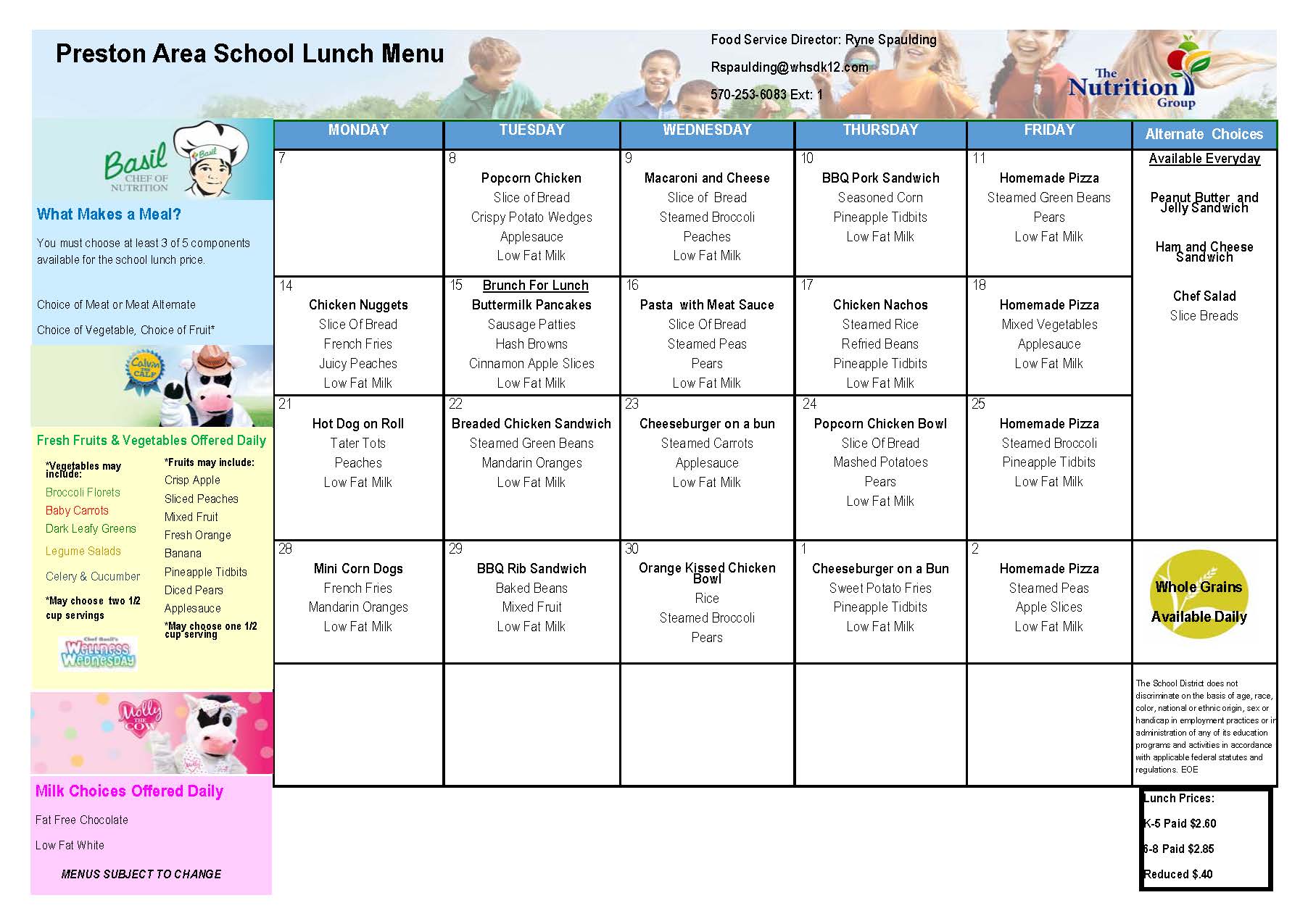Wayne Highlands School District Preston School Lunch Menu